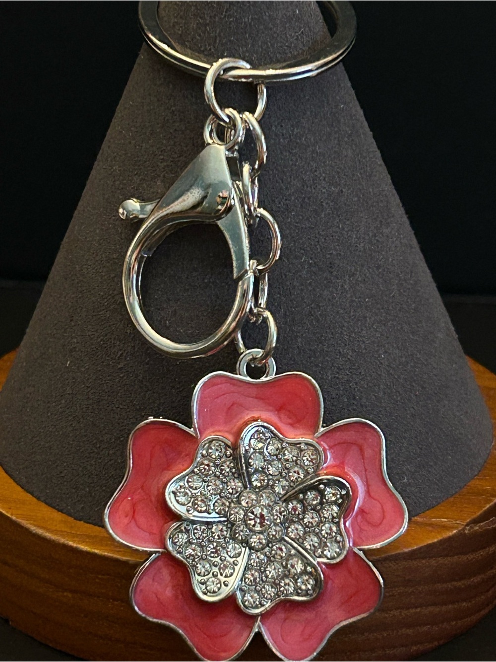 Enamel and Crystal Flower Bag Charm Keychain Key & Card Holder w/Silver Clasps